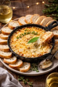 Delicious caramelized onion cheese dip served in a bowl with chips