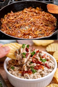 Creamy caramelized onion dip served with chips for dipping