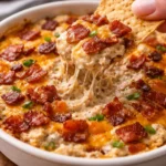 Delicious caramelized onion dip with bacon served in a bowl, perfect for dipping.