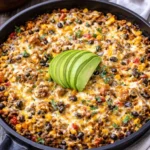 Cheesy taco rice skillet topped with cheese and served in a colorful bowl