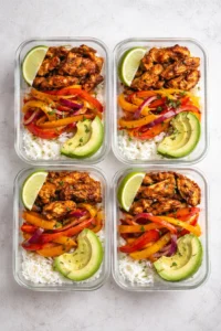 Healthy chicken fajita meal prep bowls with colorful vegetables and spices