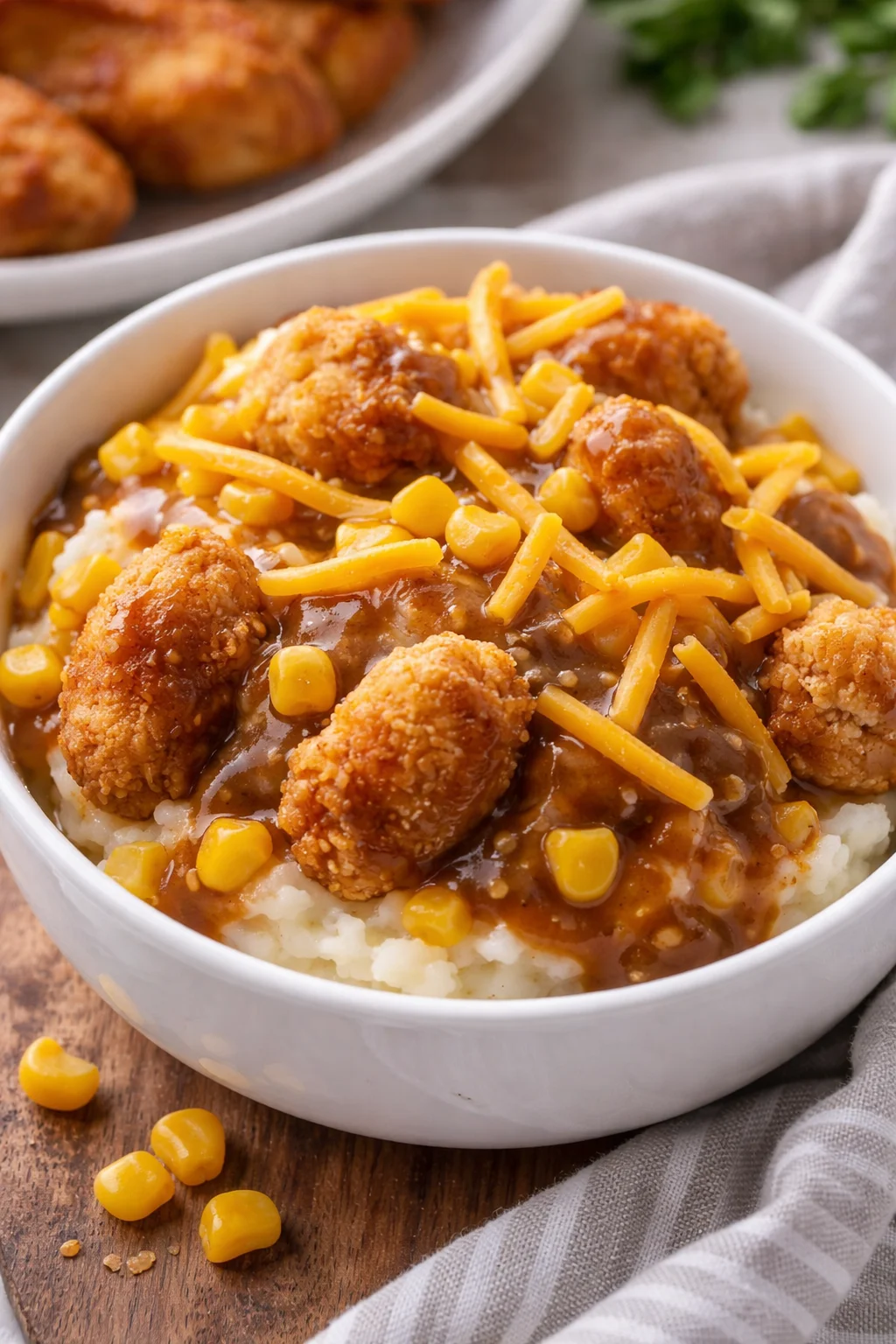Delicious homemade Copycat KFC Bowls with chicken, mashed potatoes, and gravy
