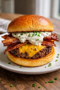 Loaded ranch burger topped with bacon and cheese, served on a gourmet bun.