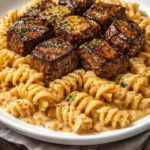 Creamy garlic butter steak bites with spicy Cajun Alfredo twisted pasta in a delicious dish