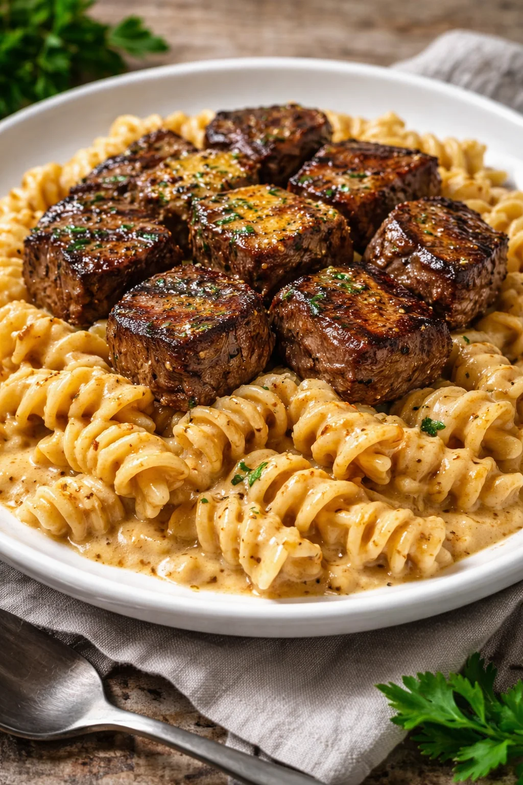 Creamy garlic butter steak bites with spicy Cajun Alfredo twisted pasta in a delicious dish