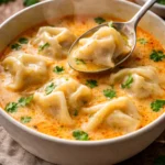 Bowl of creamy Thai dumpling soup garnished with herbs and lime slices