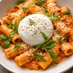 Creamy tomato burrata pasta garnished with fresh basil and parmesan