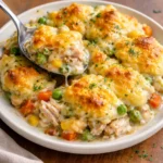 Easy chicken cobbler dinner casserole with golden biscuits and tender chicken