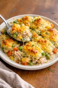 Easy chicken cobbler dinner casserole with golden biscuits and tender chicken