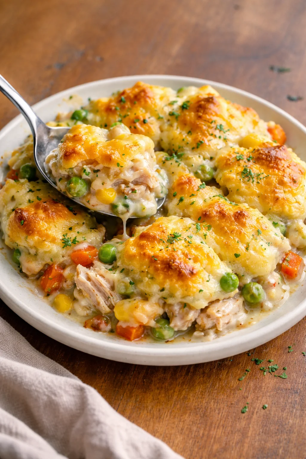 Easy chicken cobbler dinner casserole with golden biscuits and tender chicken