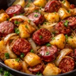 Fried potatoes with onions and smoked Polish sausage in a skillet