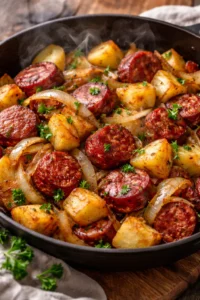 Fried potatoes with onions and smoked Polish sausage in a skillet