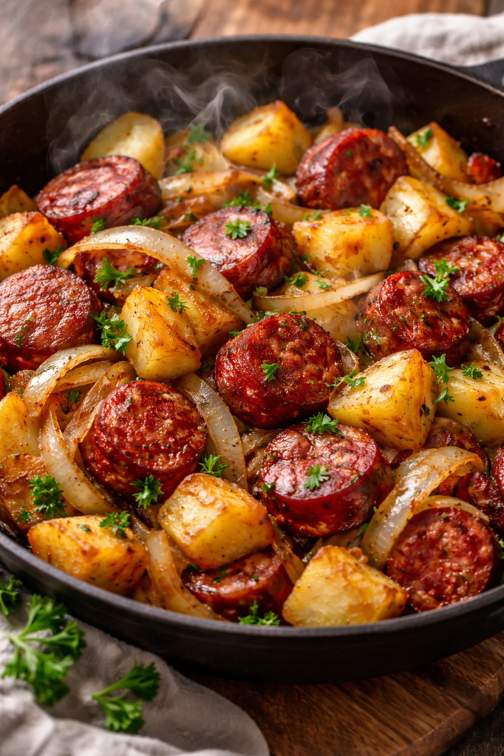 Fried potatoes with onions and smoked Polish sausage in a skillet