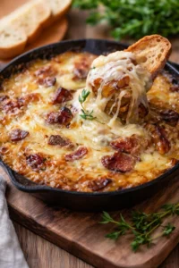 Hot Caramelized Onion Dip with Bacon and Gruyere served in a dish