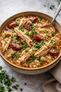 Delicious Lowcountry Chicken Bog served with long grain rice