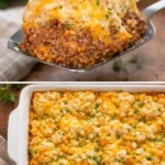 Sloppy Joe Casserole with Cheddar Bay biscuits served in a baking dish