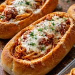 Spaghetti garlic bread bowls filled with flavorful pasta and crispy bread